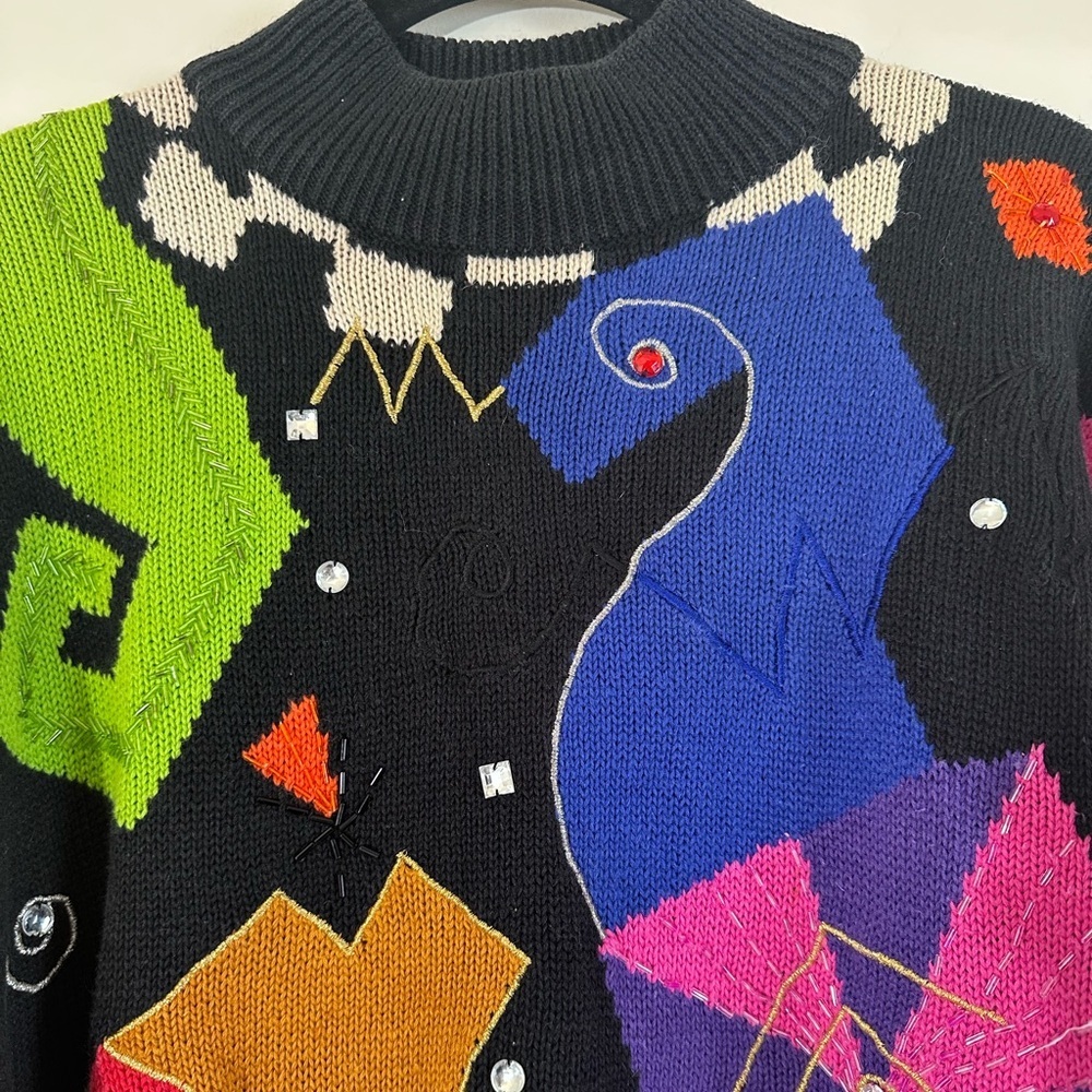 Vintage 90’s Rhinestone beaded ClownCore art to wear pull over sweater size M/L - Picture 4 of 11